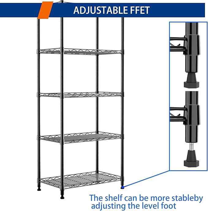 REGILLER 5-Wire Shelving Metal Storage Rack Adjustable Shelves,Standing Storage Shelf Units for Laundry Bathroom Kitchen Pantry Closet(Black,11.8" D x 21.2" W x 53.5" H)