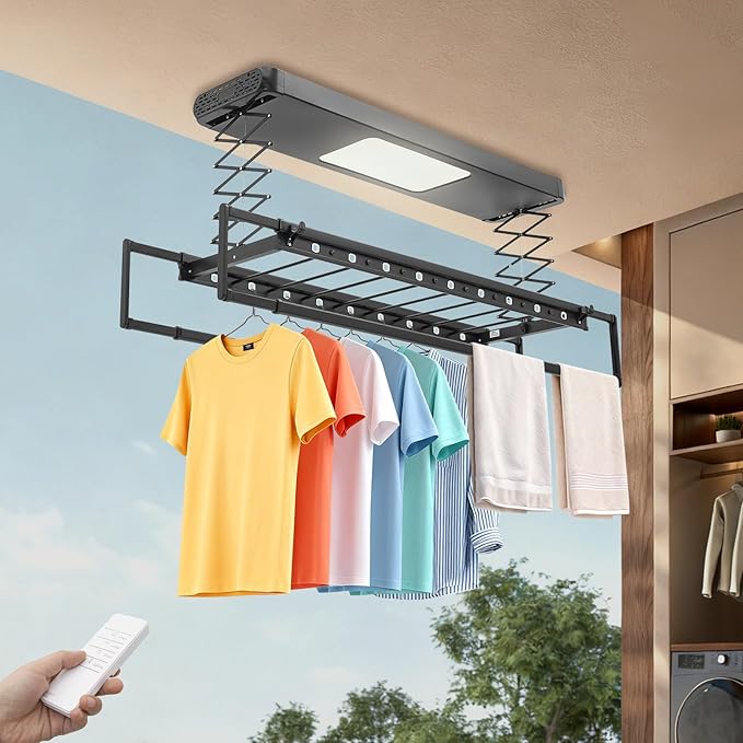 Electric Retractable Airing Rack, Ceiling Mounted Clothes Drying Rack, Retractable Clothesline, Vertical Laundry Drying Rod with LED Light & Remote, 110V 24W, Black