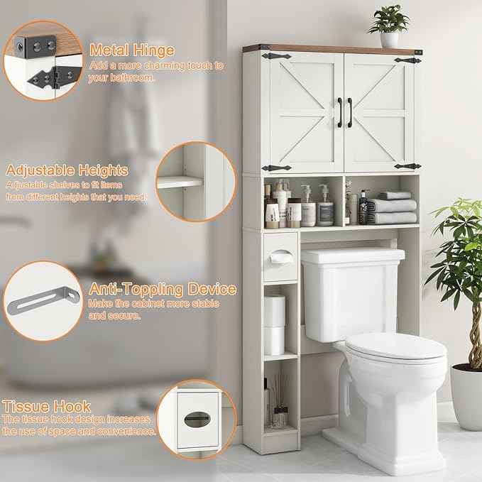 Vabches Over The Toilet Storage Cabinet, Farmhouse Storage Cabinet Over Toilet with 2 Barn Doors && Toilet Paper Holder Stand，Home Space-Saving Toilet Rack, for Laundry, Restroom, Bathroom