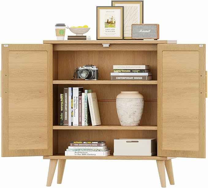 Rovaurx Rattan Storage Cabinet with Doors, Modern Accent Bathroom Floor Cabinet, Sideboard Buffet for Living Room, Entryway, Dining Room and Kitchen, Natural BMGZ108M
