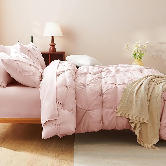 CozyLux Oversized King Comforter Sets Blush Pink, 7 Pieces Oversized King Pintuck Bed in A Bag, Pinch Pleat Bedding Sets with All Season Comforter, Flat Sheet, Fitted Sheet, Pillowcases & Shams