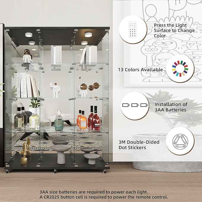 Beauty4U Glass Display Cabinet with LED Lights and Mirror, Extra Large 3 Columns 2 Doors Curio Cabinets with 12 Shelves for Living Room, Bedroom, Office, Black Floor Standing Bookshelf