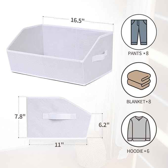 Closet Baskets for Shelves - Decorative Storage Baskets with Handle, Trapezoid Closet Bins for Organization, Shelf Storage Bins for Clothes, Books, Home, Office, 8 Pack, White