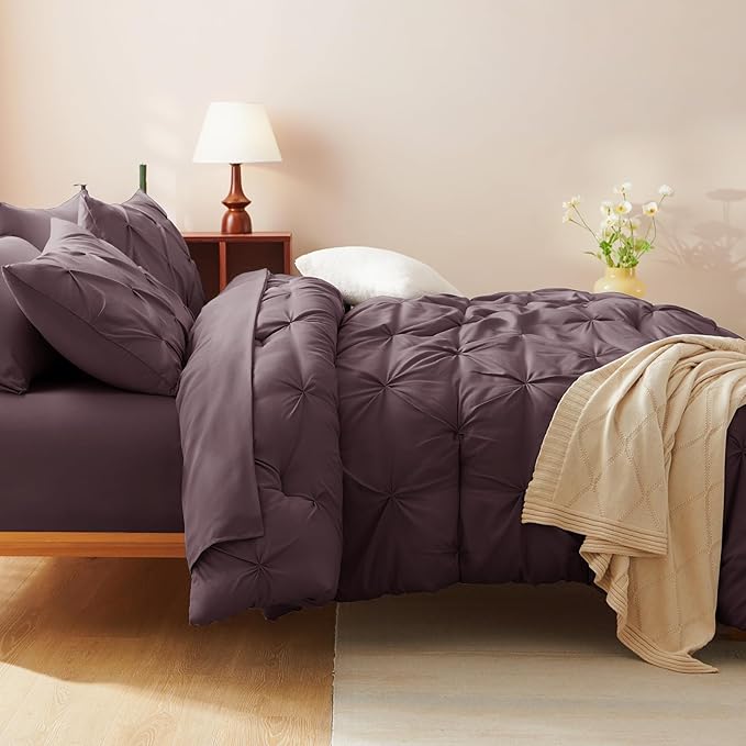 CozyLux Full Size Comforter Sets Cocoa Powder, 7 Pieces Pintuck Bed in A Bag Cocoa Powder Comforter Full Size, Pinch Pleat Bedding Sets with All Season Comforter, Sheets, Pillowcases & Shams