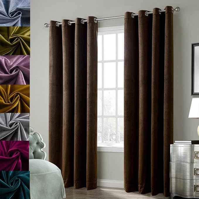 Cherry Home Set of 2 Blackout Velvet Drapes Room Darkening Curtains Panel Grommet Drapery, 52 by 63-Inch, Chocolate Brown(2 Panels) Theater| Bedroom| Living Room| Hotel