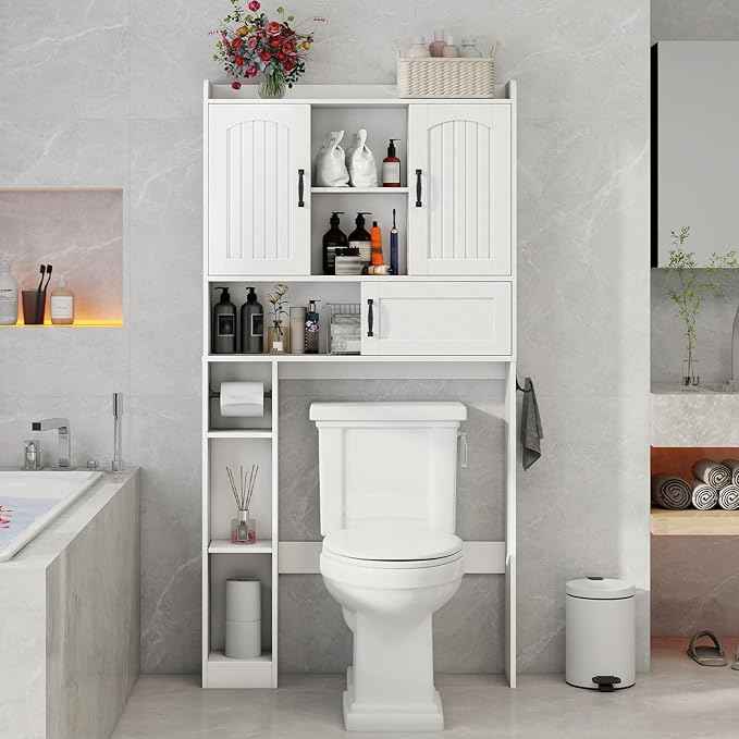Vabches Farmhouse Over The Toilet Storage Cabinet with 2 Barn Doors & Sliding Door, Over The Toilet Bathroom Organizer with Open Storage Layer and Adjustable Shelves & Hooks.White