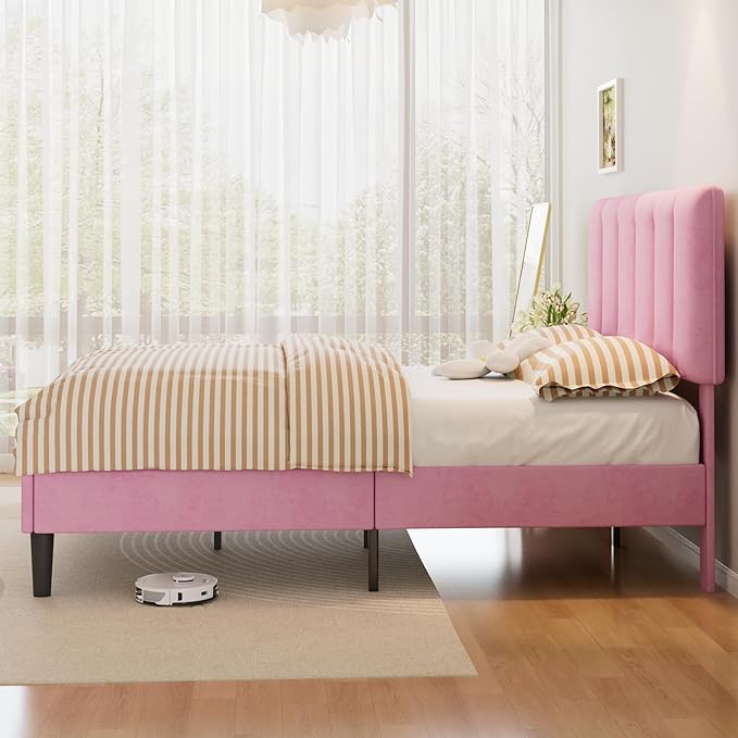 VECELO Queen Bed Frame with Upholstered Headboard, Heavy-Duty Platform Bedframe with Strong Wooden Slats Support, No Boxing Spring Needed, Pink