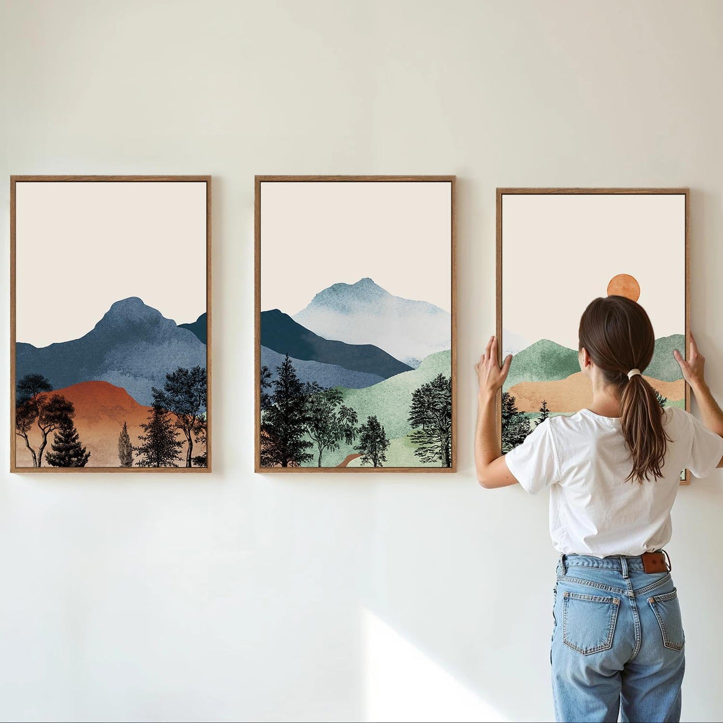 SIGNINART Boho Mountain Framed Canvas Wall Art Set of 3, Watercolor Nature Landscape Set Art Prints, Modern Sunrise Art Paintings, Green Forest Wall Decor for Living Room, Bedroom, Office 16"x24"x3