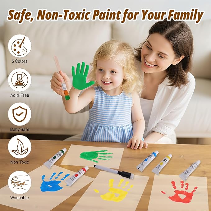 Family Handprint Kit with Light, 5 Non-Toxic Paints, Hand Prints Ornament Keepsake Frame for 4, DIY Craft Gift for New Parents & Mom & Baby, Grandparents, Mother's Day, Father's Day