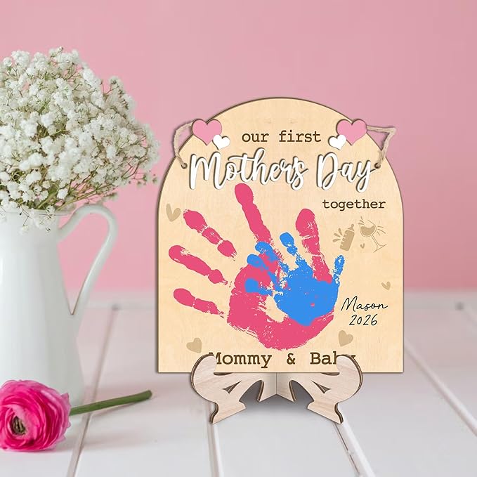 DIY Custom Our First Mother's Day Together Mommy & Baby Handprint Signs, Baby First Mothers Day Gifts for Babies, Toddler And Mom Mother's Day Crafts Plaque, Memory Keepsake Baby Milestone Photo Props