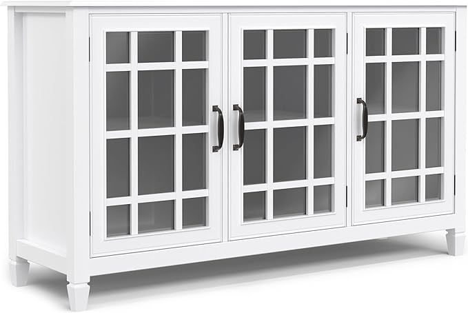 SIMPLIHOME Connaught Storage Cabinet - 60 inch Wide Solid Wood Buffet in White, Traditional Sideboard for Dining Room, Entryway, or Living Room with Glass Doors, Adjustable Shelves, and Notched Legs