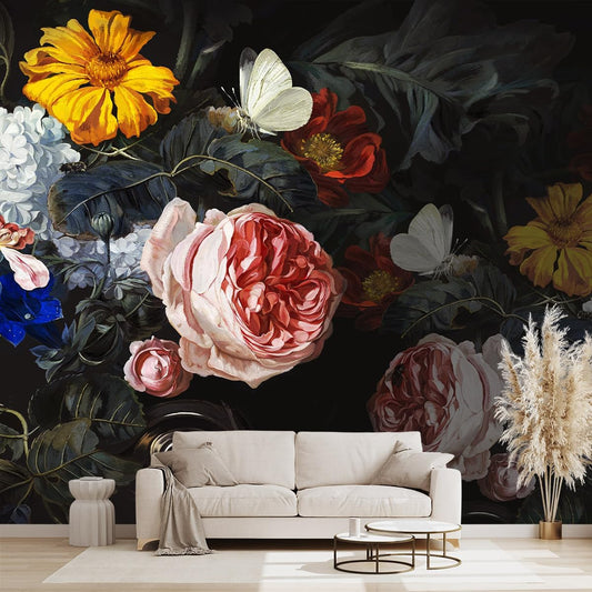 Vintage Black Flowers Mural Bedroom Peony Floral Wallpaper Room Decor Living Room tv Background Large Wall Mural - 91"x65" (Not Peel and Stick)