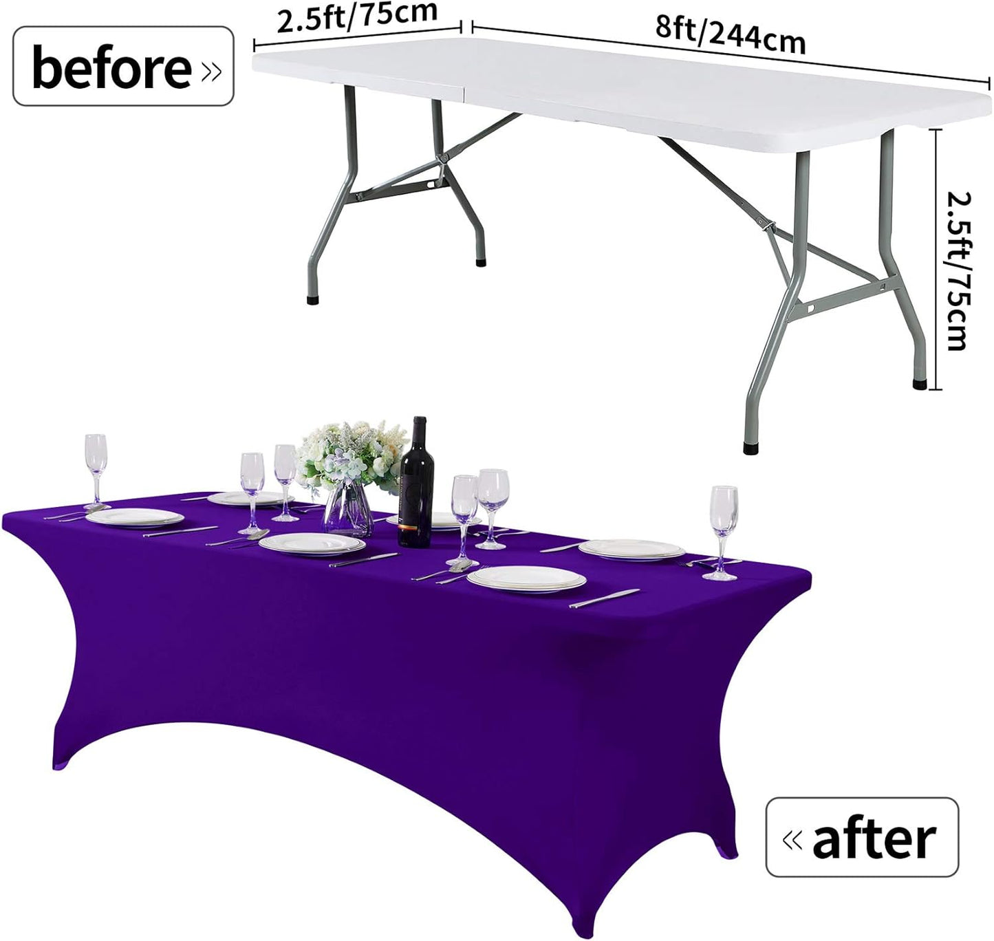 2Pack Spandex Table Cover for 8FT or 4ft or 6ft Table Universal Fitted Stretch Tablecloth for Party, Banquet, Wedding and Events-Purple