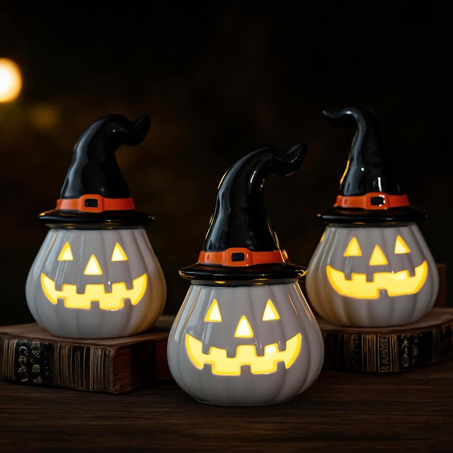 NEROSUN 3 Pack Halloween Light Up Pumpkin Decorations, Ceramic Battery Operated Lighted Jack O Lantern Figurines, Spooky Halloween Ornaments for Indoor Home Fireplace Tabletop Centerpieces