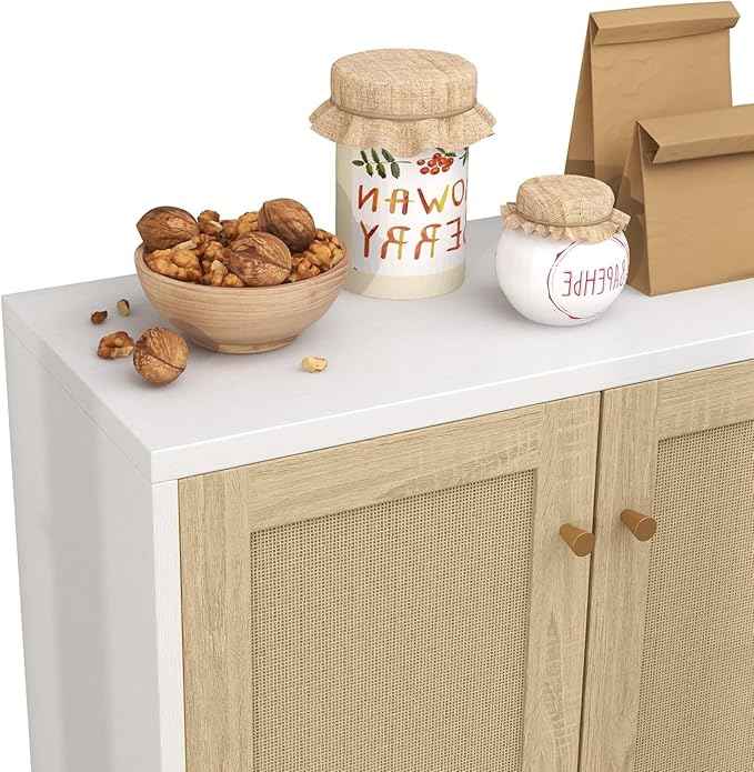 Panana Rattan Decorated 2 Doors Storage Cabinet Accent Cabinet Living Room Cupboard Kitchen Sideboard Buffet Table (White)