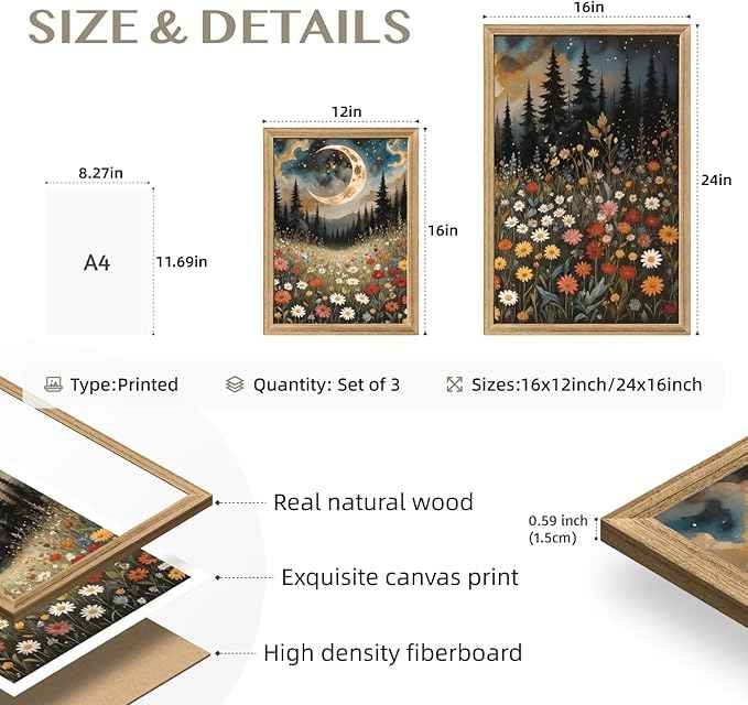 Cyebmo Boho Wildflower Wall Art, Moon Forest Wall Decor, Rustic Mountain Landscape Flower Art Prints, Mystical Starry Night Poster Prints for Living Room Bedroom Office Wood Framed 12''x16''x3