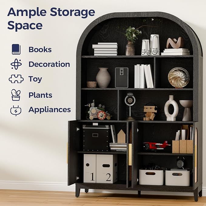 71" Tall Wide Arched Storage Cabinet, 5-Tier Rattan-Door Bookcase with Divider Shelf & Gold Pull Handles, Wood Versatile Pantry Organizer for Living Room/Kitchen/Office, Black