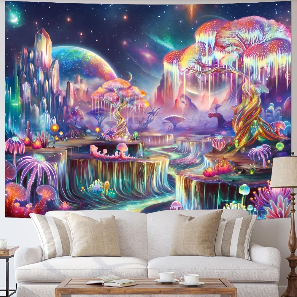 Obsecolors Blacklight Tapestry Fantasy Tree of Life Tapestry UV Reactive Galaxy Space Tapestries Colorful Plant Floral Mountain Landscape Tapestries Wall Hanging for Bedroom