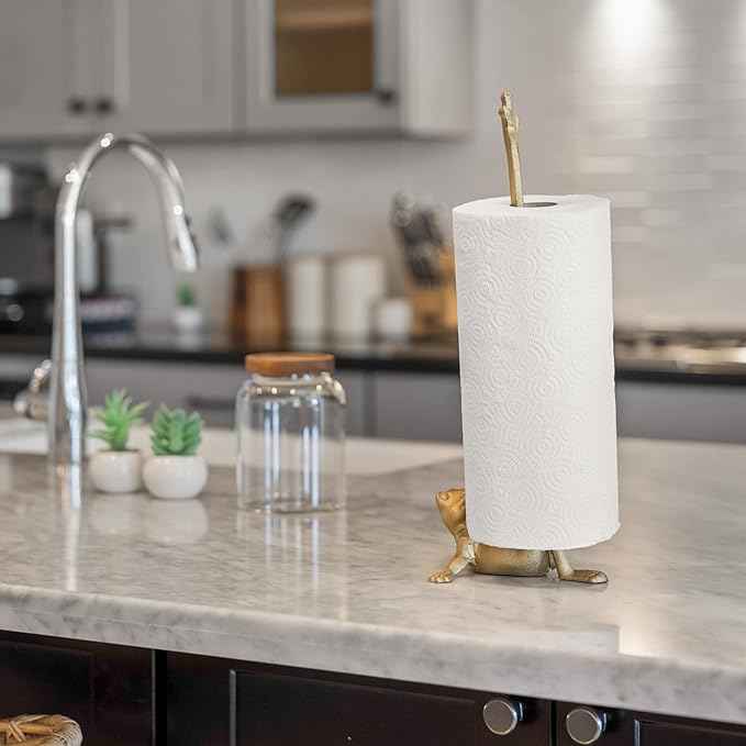 WallCharmers Gold Paper Towel Holder, Metal Toilet or Kitchen Paper Holder for Floor or Countertop, Gold Frog