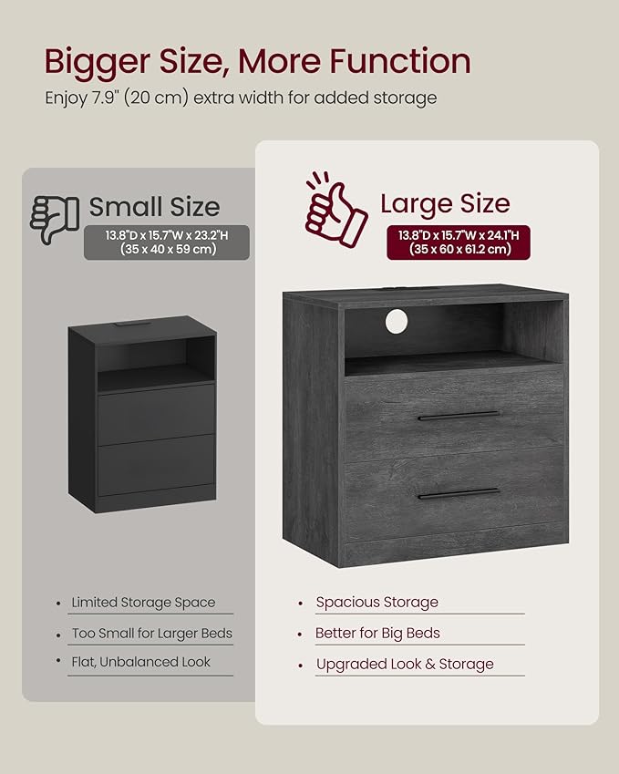 VASAGLE Custos Collection - Nightstand with Charging Station, LED Lights, Modern Night Stand, Side End Table with Drawers, Open Shelf, 2 AC Outlets USB Ports, Misty Gray ULET639GW01S