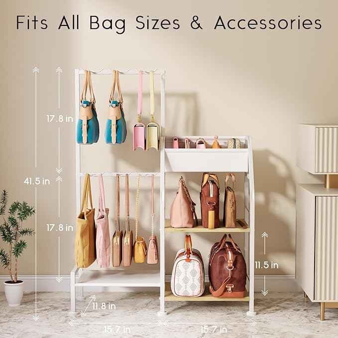 Purse Organizer for Women - 3-Tier Storage Stand & 12 Fixed Hooks, Visible Backpack Storage, Space-Saving Bag Organizer Rack for Home, Closet, White