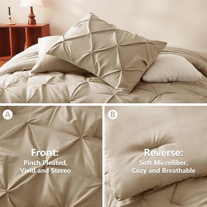 CozyLux Queen Comforter Set Taupe, 7 Pieces Pintuck Bed in A Bag, Premium Taupe Comforter Queen Size, Pinch Pleat Bedding Sets with Comforter, Sheets, Pillowcases & Shams