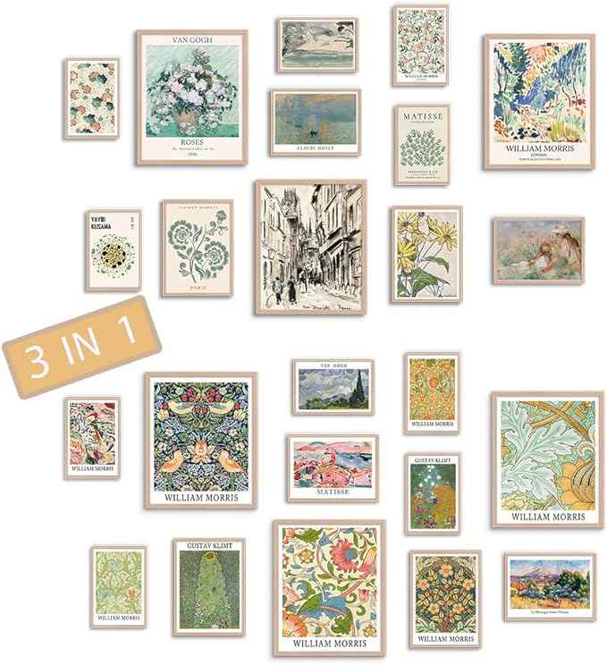liflikwall 24 PCS Posters for Room Aesthetic，Matisse Wall Art Exhibition Posters，Vintage Eclectic Wall Art Decor, Boho Colorful Botanical Floral Dorm Gallery Home Decor(with Beige Frame)