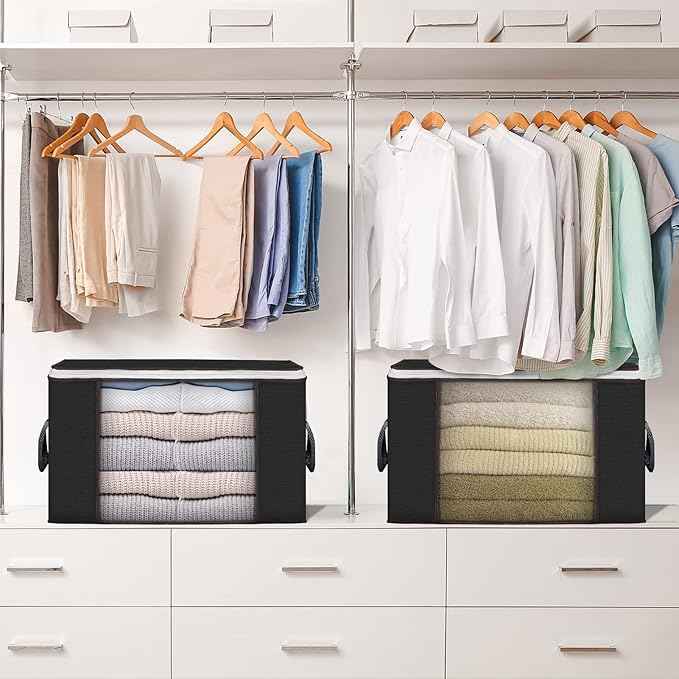 Large Storage Bags, 8 Pack Clothes Storage Bins Foldable Closet Organizers Storage Containers with Durable Handles Thick Fabric for Blanket Comforter Clothing Bedding 90 L (Black)