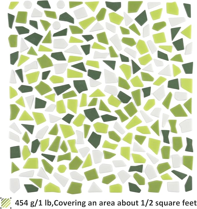 Youway Style Green Glass Mosaic Tiles for Crafts Bulk,454g Broken Glass Pieces for Mosaic Art Crafts,Garden Mosaic Supplies (Mixed Green)