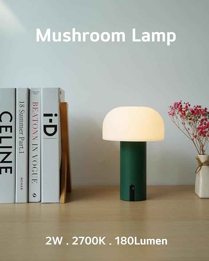 Cordless Mushroom Table Lamp, Waterproof Shower Lamp, Battery Operated Table Lamp Rechargeable, Touch Dimmable Night Light for Bedroom/Patio/Camping/Dinning/Outdoor (Green)