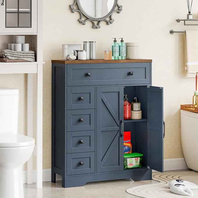 Vabches Farmhouse Storage Cabinet with 2 Doors and 5 Drawers, Freestanding Bathroom Cabinets Kitchen Pantry, Floor Storage Cabinet Hutch Cupboard for Living Room/Bathroom/Kitchen.Blue