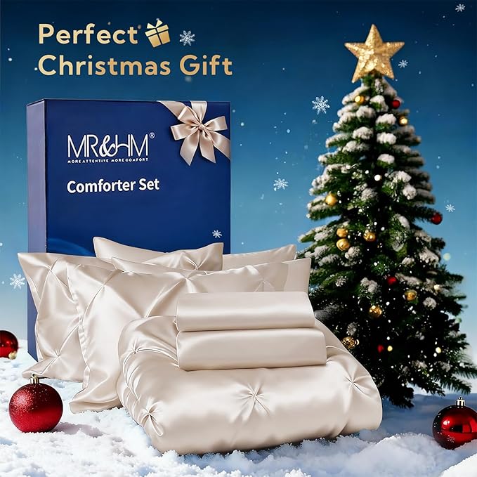 MR&HM Satin Comforter California King 7 Pieces Beige - Luxurious Pinch Pleat Bedding Set with Comforter, Flat Sheet, Fitted Sheet, Pillowcases & Shams, Super Silky Soft Bed Set for All Season