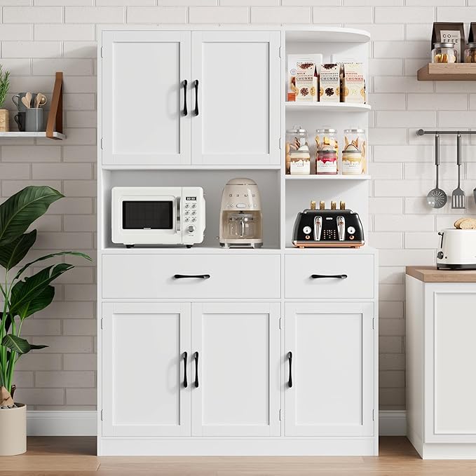 67" Kitchen Pantry Cabinet, Modern Kitchen Hutch with 5 Doors and 2 Drawers, 3-Tier External Shelf, Large Pantry Storage Cabinet with Microwave Stand for Dining Room (White)