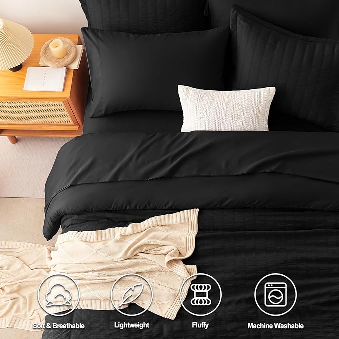 CozyLux Twin Comforter Set with Sheets Seersucker 5 Pieces, Black Bed in a Bag for Bedroom, Textured Luxury Soft Bedding Set with Down Alternative Comforter, Sheets, Pillowcase & Sham for All Seasons