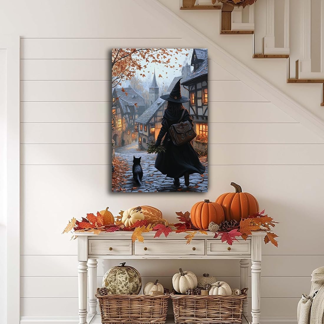Autumn Witch And Black Cat Picture Wall Decor,Halloween Canvas Vintage Rustic Wall Art,Preppy Bedroom Living Room Bathroom Poster Print,20"x30" Unframed