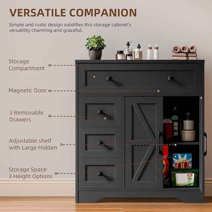 Vabches Farmhouse Storage Cabinet with 2 Doors and 4 Drawers, Freestanding Bathroom Storage Cabinet Kitchen Pantry, Floor Hutch Cupboard for Living Room/Bathroom/Kitchen,(Pure Black)