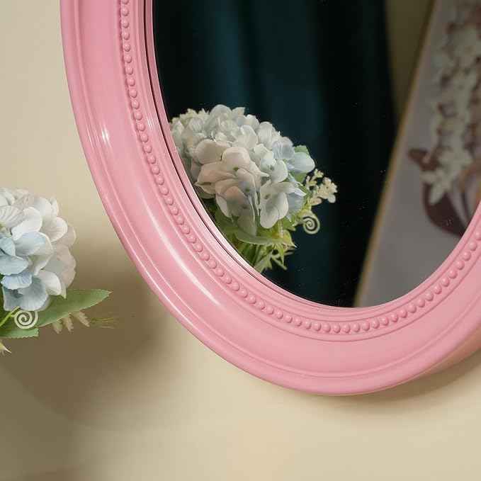 Funerom Oval Bathroom Mirror Bedroom Mirror wall Mirror (Pink, 15.2" L x 13.2" W)