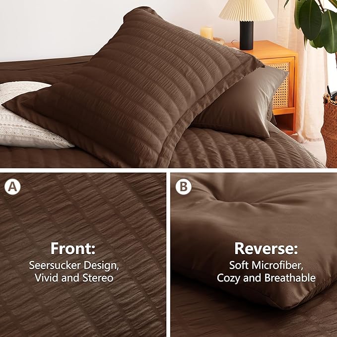 CozyLux Oversized Queen Comforter Set Brown Seersucker 7 Pieces 98x98 Bed in a Bag Comforter Set with Sheets, Luxury Soft Bedding Sets with Down Alternative Comforter, Sheets, Pillowcases & Shams