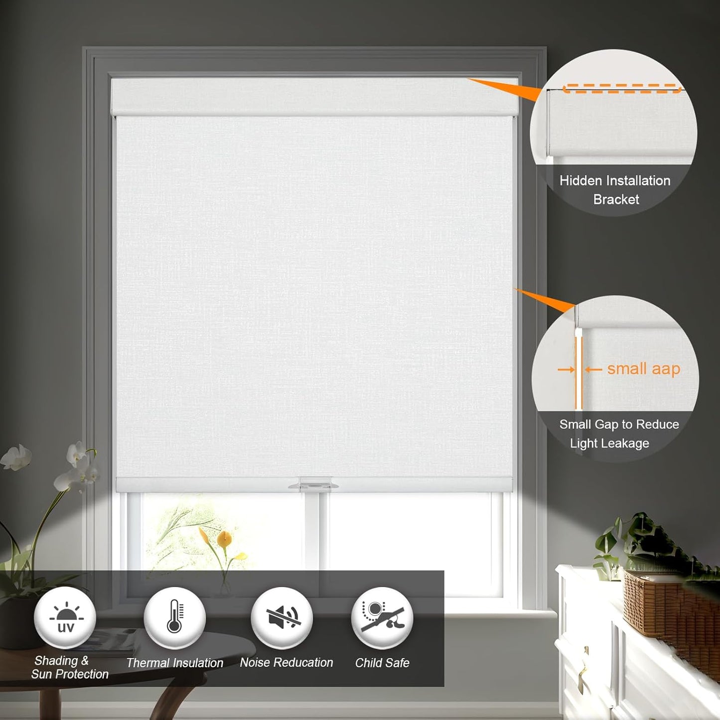 Persilux Blackout Roller Shades & Blinds Windows Shades Free-Stop Blackout Blinds with Jacquard Fabric,Cordless Blinds Pull Down Shades for Home, Easy to Install for Door/Office, White(59.5"W x 64"H)