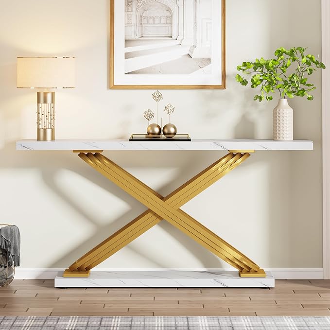 LITTLE TREE Console Table, 55" Long Modern Entryway Table for Living Room, Hallway, Faux Marble White & Gold