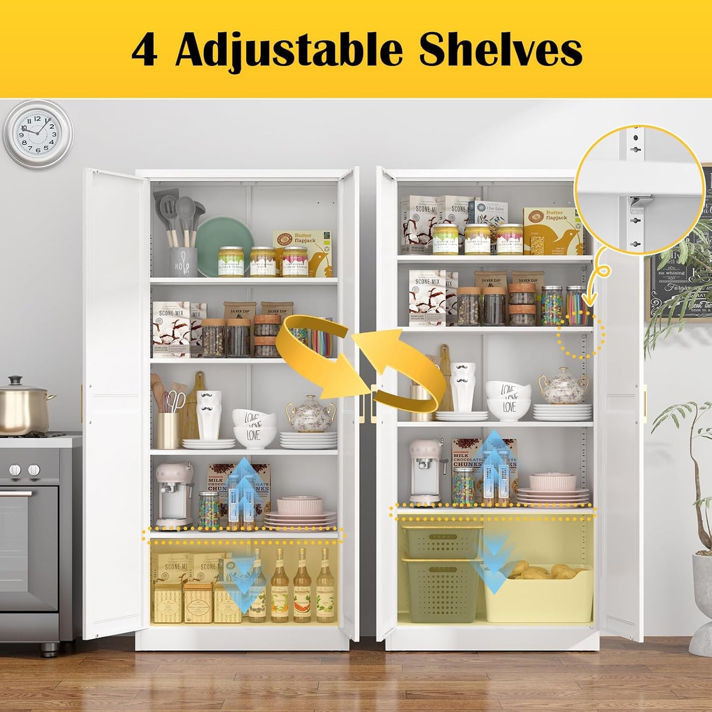 Kitchen Pantry Cabinet,71”White Metal Pantry Storage Cabinet with Doors and 4 Adjustable Shelves,Kitchen Cabinet with 2 Gold Handles,Tall Cabinet for Livingroom,Pantry, Bathroom,Kitchen - Décor Diaries