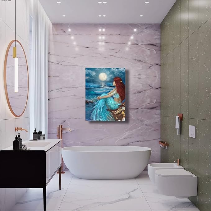 SDYA Aesthetic Wall Art for Living Room Bedroom Wall Decor Blue Canvas Prints Moon Night Artwork 24"x 36" Girls Room Decor