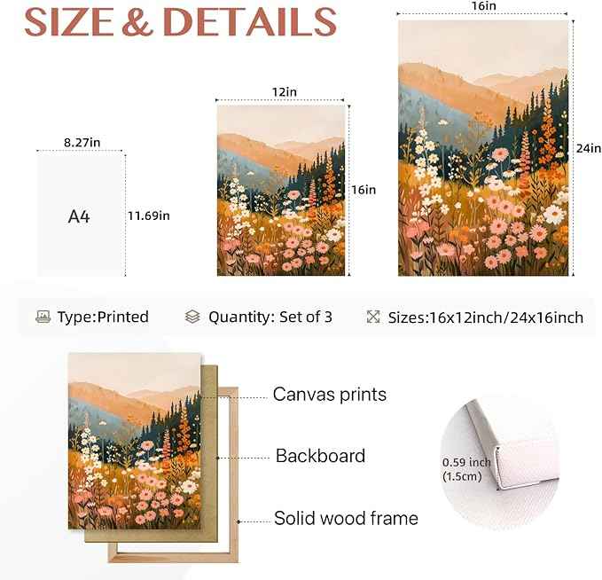 Cyebmo Framed Mountain Wildflower Wall Art Set of 3, Sunset Mountain Nature Wall Decor, Colorful Floral Landscape Canvas Prints, Rustic Botanical Artwork for Bedroom Living Room Office 16x24 Inch
