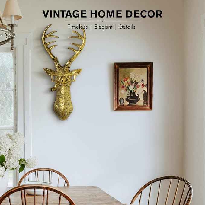 montresor Deer Head Wall Mount 17 inchs Gold Deer Decor PU Foam Material (NOT RESIN) Wall Decor Art for Whimsigoth Home Wall Decor Lightweight Accent Wall Hanging Room Decor Maximalist Decor