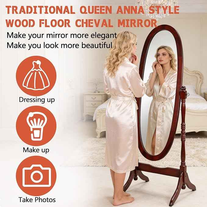Full Length Mirror with Stand, Swivel Adjustable Oval Wood Cheval Floor Mirror, Dressing Cheval Mirror for Bedroom Livingroom, Interior Gift Idea (Cherry)