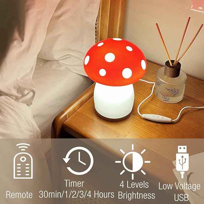 BECCOBEAT Mushroom lamp for Bedroom Night Light Glass Vintage Retro Funky Cute Lamp Small Lamps Bedrooms Bedside Bed Side Table Nightstand Desk Aesthetic Cottagecore 70s Room Decor (RED) (B01)
