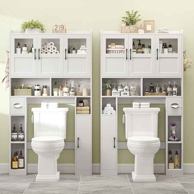Over The Toilet Cabinet,Farmhouse Toilet Cabinet Rack with 3 Acrylic Doors and Adjustable Storage Shelf,Space Saving Bathroom Organizer with Toilet Paper Holder Stand for Restroom, Laundry，White