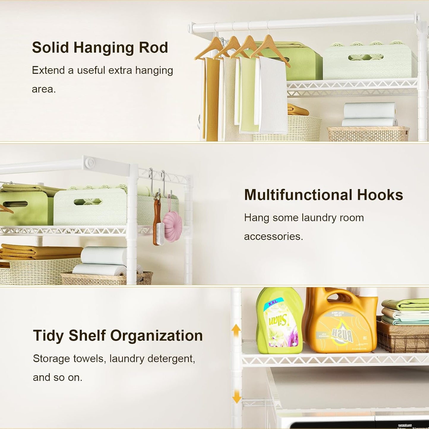 Ulif U11 Mini Over Washer and Dryer Shelves, 3 Tiers Laundry Room Storage and Organizer Standing Shelf, Metal Freestanding Clothes Drying Rack, 28.3”W x 19.7”D x 77.6”H, White