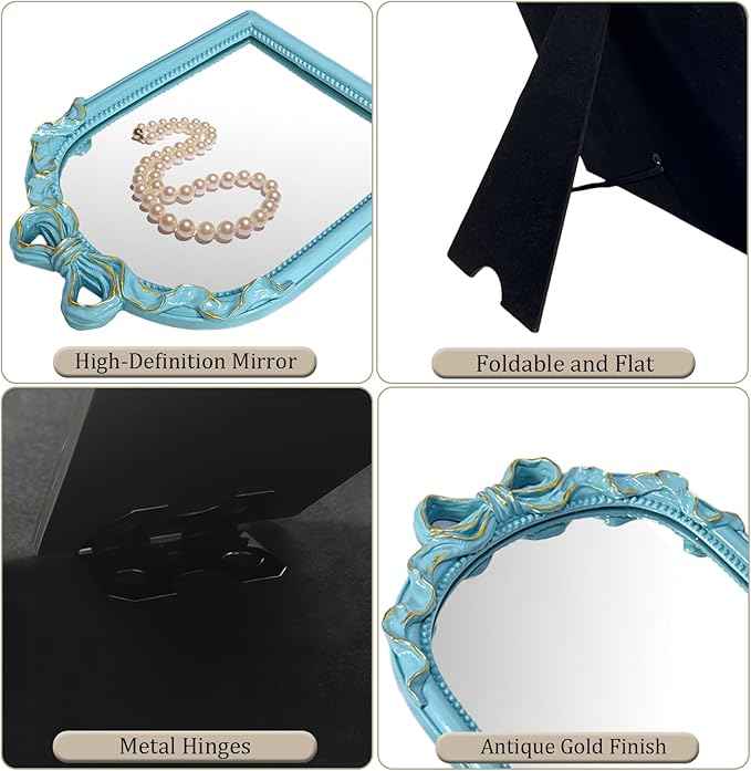 Blue Bow Mirror - 13x10 Inch Perfect Elegant Decorative Accent, Wall-Mounted Tabletop Makeup Mirror for Nursery Baby Room Bedroom Decor