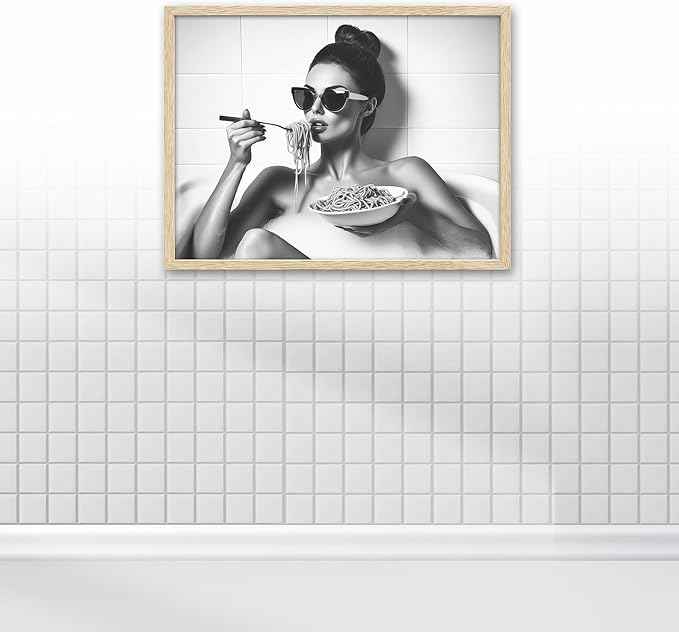 iHery Natural OAK Wood Framed Woman Eating Spaghetti in Bathtub Wall Art, 12x16in Beige Frame Woman Eating Pasta Canvas Print, Black and White Bathroom Poster, Retro Decor Set of 1